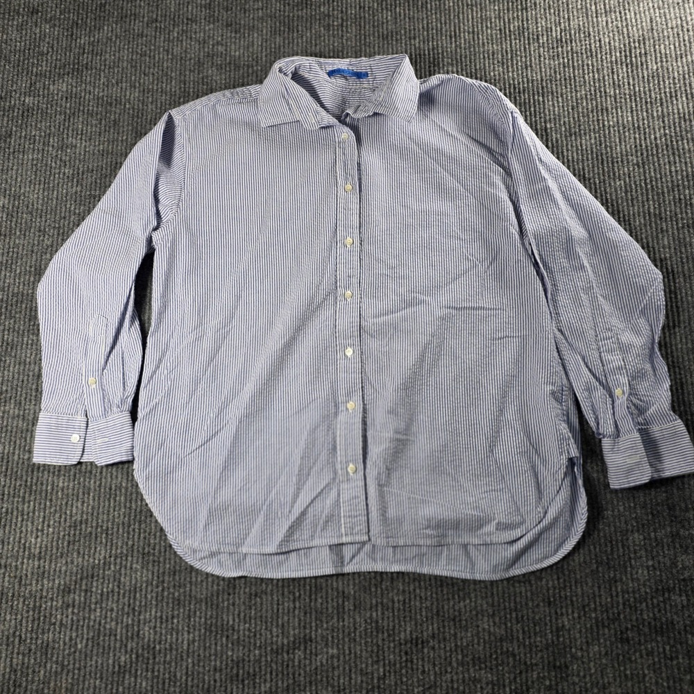 J.McLaughlin‎ Womens Blue White Striped Button Down Shirt XL Long Sleeve Preppy